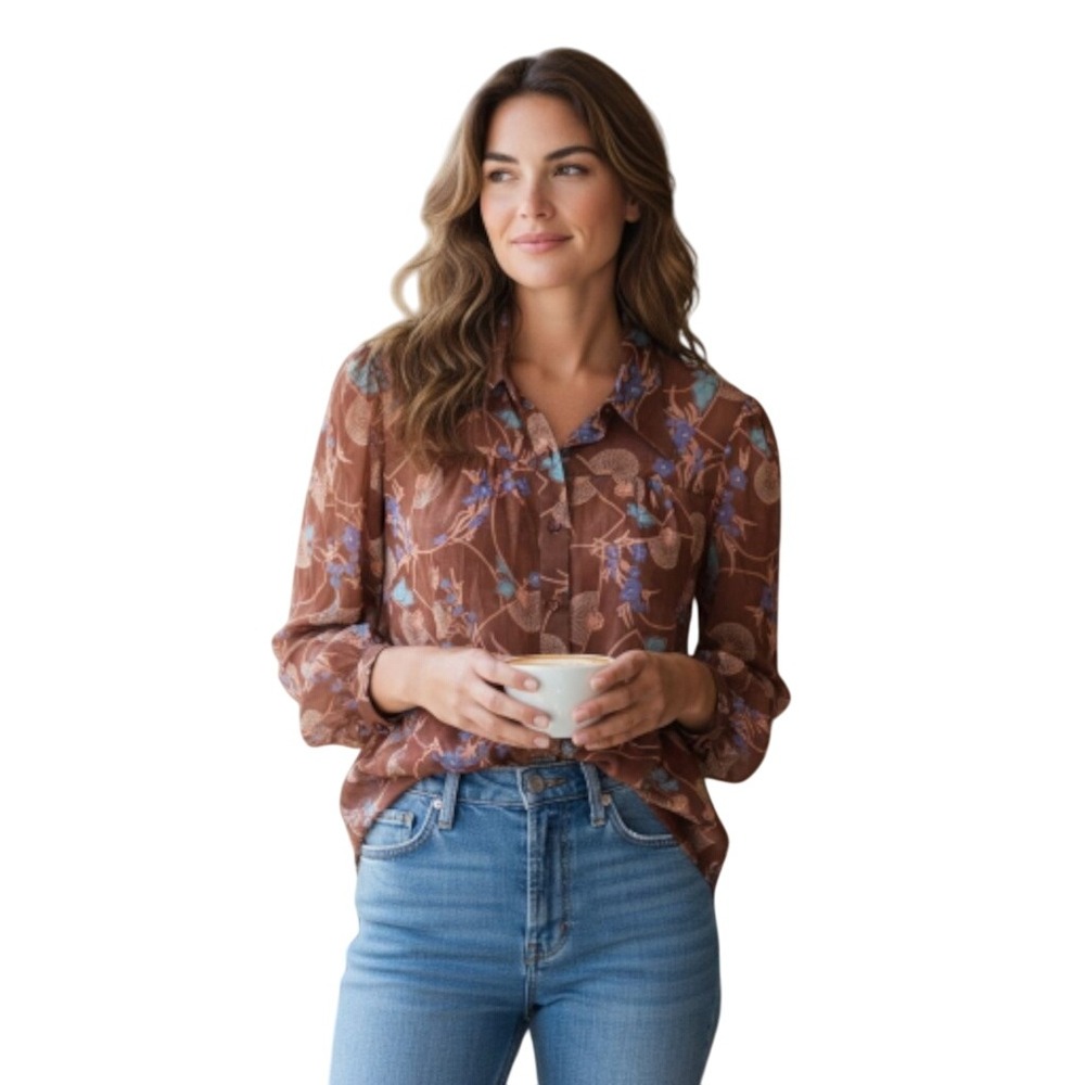 Vintage‎ Bonwit Teller Brown Floral Sheer Button Up Blouse Sz 7/8 70s